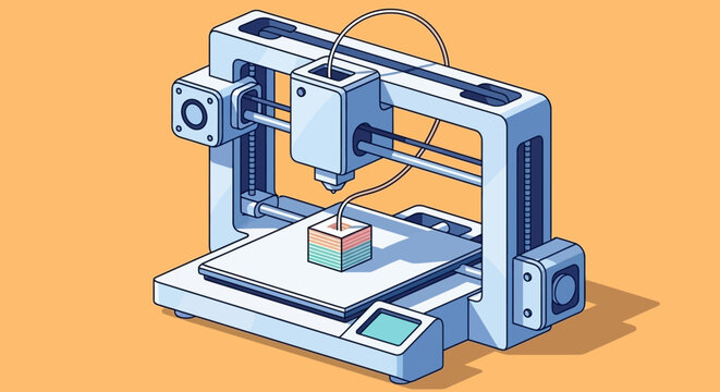 Isometric 3D Printer Creating Cube Object.