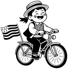 Breton village boy riding bicycle with Brittany flag on rear rack wearing traditional hat and vest in vintage black and white vector illustration