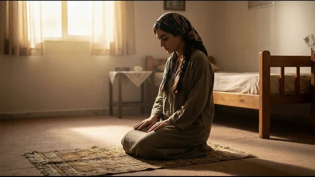 Young Iranian woman kneeling on prayer rug in sunlit room. Devout lady in headscarf performing ritual prayer. Culture, faith and peaceful meditative practice.