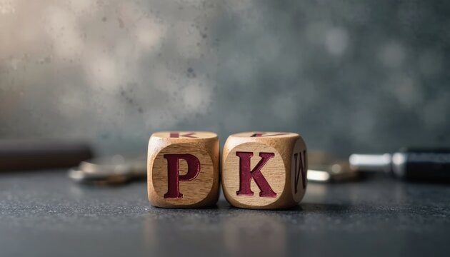 Wooden cubes with letters P and K on desk, symbolizing health insurance change. Keys and wallet in background suggest personal finance decisions.