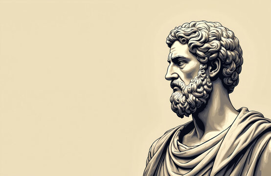 Minimalist illustration of ancient philosopher bust in profile. Bearded man with curly hair wears draped toga. Contemplative stoic thinker with thoughtful expression on plain background.