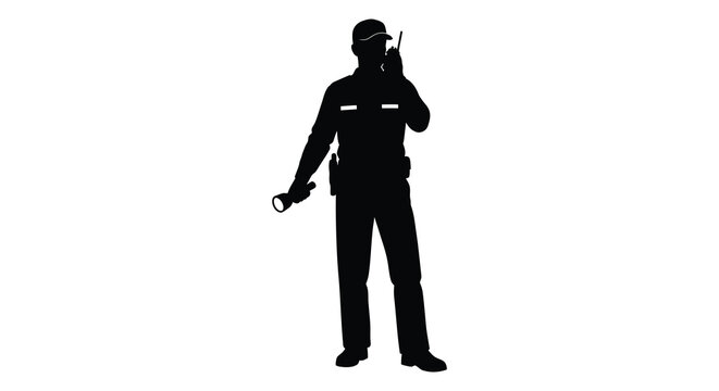 A full body silhouette of a security guard communicating via radio and holding a flashlight isolated on white background silhouette high quality
