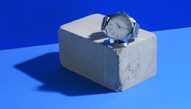 Avant-garde time concept with melting silver watch on concrete block, minimalist still life on blue background with copy space left.