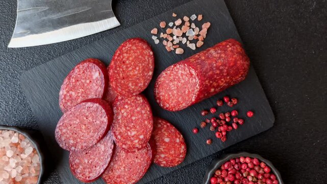 Sliced smoked pepperoni or salami as a pizza topping. Pepperoni as a food background for your design