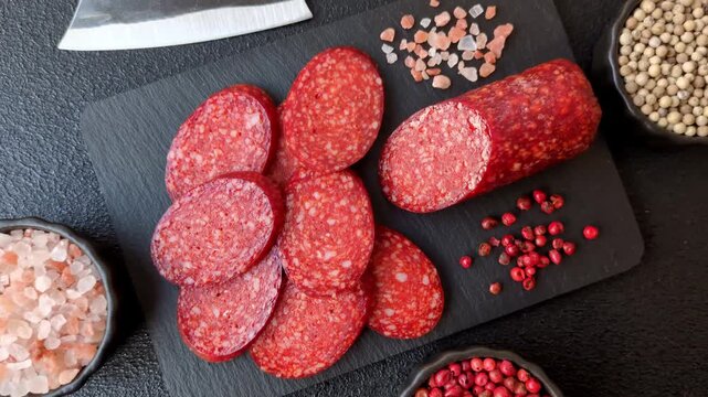 Sliced smoked pepperoni or salami as a pizza topping. Pepperoni as a food background for your design