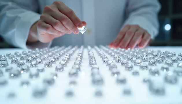 Person inspects loose diamonds under bright light in lab. Rows of cut gems sorted by size. Expert checks gem quality for jewelry production.