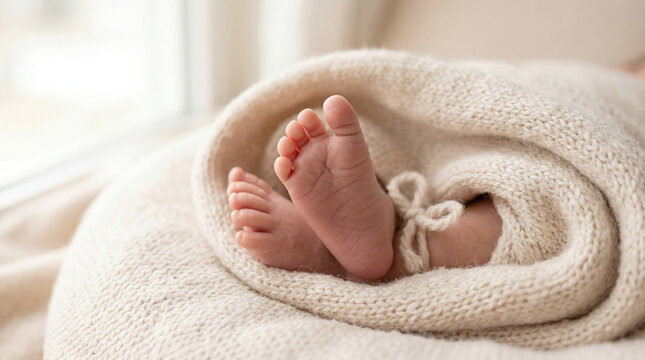 Close up of tiny newborn baby feet wrapped in a knitted blanket