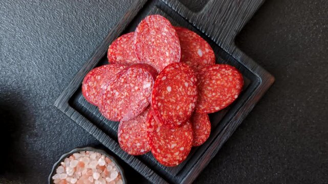Sliced smoked pepperoni or salami as a pizza topping. Pepperoni as a food background for your design