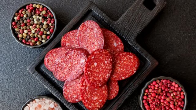 Sliced smoked pepperoni or salami as a pizza topping. Pepperoni as a food background for your design