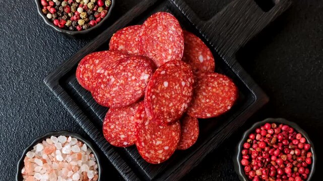 Sliced smoked pepperoni or salami as a pizza topping. Pepperoni as a food background for your design