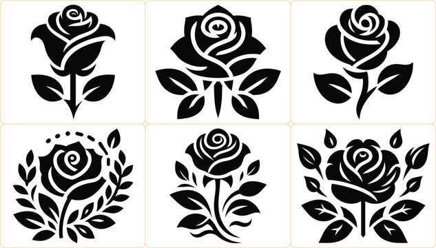 Set of elegant rose flower silhouettes, black floral icons with leaves, vector botanical emblems, minimalist garden logos, rose tattoo stencils, decorative bloom symbols.