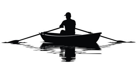 A solitary rower navigates calm waters in a small boat creating a striking dark form silhouette high quality professional detailed modern © mrvect02