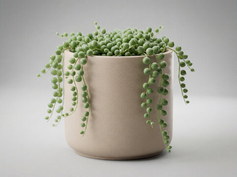 A delicate string of pearls plant with vibrant green round leaves cascading down from a light beige ceramic pot on a plain background.