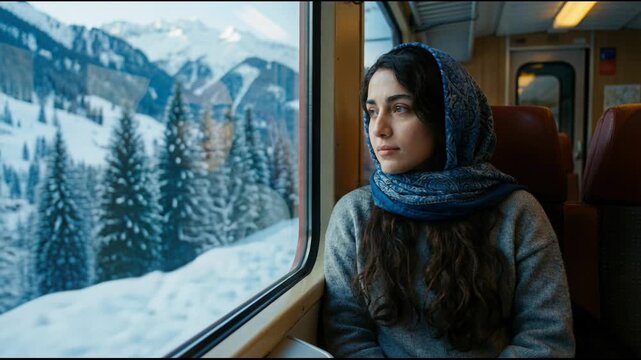 Iranian woman in headscarf looking out from train window at snowy mountain landscape. Traveler sitting in carriage during winter journey through scenic nature.
