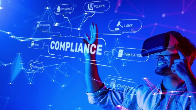 A man interacts with virtual reality technology, exploring compliance concepts within a digital landscape filled with graphical elements and vibrant blue tones. Raster