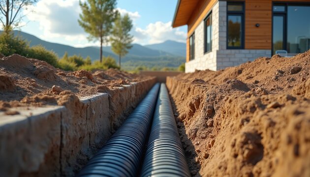 Two underground drainage pipes laid in trench near new house foundation. Construction site with earthworks and landscaping. Home building project in progress on sunny day.