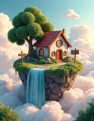 Obraz premium Fantasy home on island floats in sky above clouds. Waterfall cascades from island edge near cozy house and large green tree. Signposts mark peaceful, magical place.