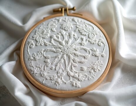 Close up of white Chikankari embroidery on fabric hoop. Intricate floral patterns are expertly stitched by hand. Traditional Indian craft art displayed on textile.