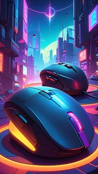 Two futuristic, glowing computer mice rest amidst a vibrant, neon-lit cityscape. The background showcases skyscrapers and an orb