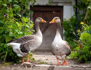 Obraz premium Two geese stand close, facing each other in front of a rustic wooden door, framed by lush greenery and flowers