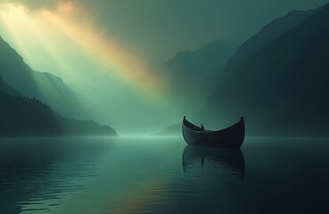 Fototapeta premium Lone person in canoe on calm water, misty mountains, sun rays beam through clouds, creating rainbow light effect. Serene journey, spiritual feeling, mystical adventure in nature.