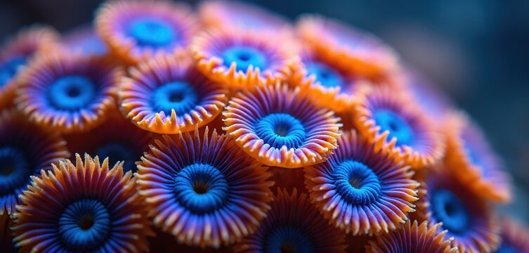 Close-up view of vibrant blue and orange zoanthid coral polyps. Tiny sea creatures display intricate patterns and textures underwater. Marine life detail in deep blue ocean. Colorful reef background.