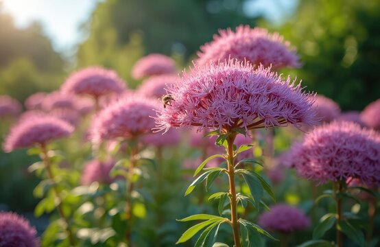Pink eupatorium flowers bloom in garden during golden hour. Bee collects nectar from vibrant blossoms. Lush green foliage surrounds plants, creating natural serene scene. Sun casts warm glow.