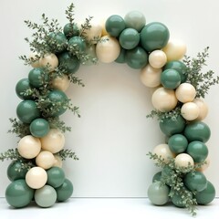 Naklejka premium Green and cream balloon arch with green plants. Festive backdrop for baby shower, wedding, or party. Organic garland decor for elegant celebration event setting.