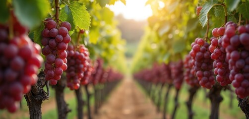 Naklejka premium Red table grapes hang in rows on vines under warm sunlight. Vineyards stretch into distance creating agricultural landscape. Fresh fruit ready for harvest shows natural healthy food production.