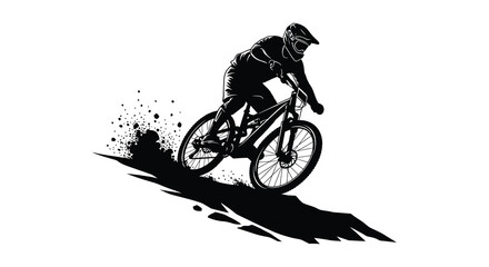 A dynamic illustration depicts a mountain biker in action captured in a striking black silhouette high quality professional detailed modern elegant © mrvect02