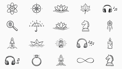 Minimalist Hand-Drawn Black Line Vector Icon Set Collection of 20 Icons Including Rocket, Chess Knight, Headphones, Lotus Flower, Atom, Compass, Diamond Ring, Dreamcatcher, and Nature Elements © sampson