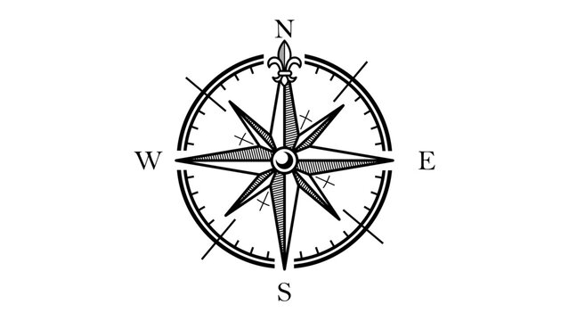 Vintage Nautical Compass Rose Vector Icon Illustration, Minimalist Black Line Art Sketch of a Classic Navigation Tool with Fleur-de-lis and Cardinal Directions on a Clean White Background
