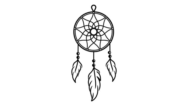 Minimalist black line vector illustration of a dreamcatcher featuring a circular web pattern and three hanging feathers, isolated on a white background. Hand-drawn outline icon for boho style.