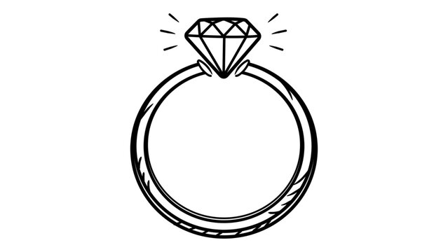 Minimalist black line vector icon of a diamond engagement ring on white background; hand-drawn illustration representing marriage, love, and luxury jewelry for wedding invitations and design