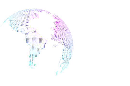 Abstract dotted Earth globe in neon blue and purple colors representing digital network and global communication.