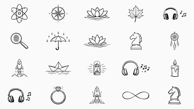 Minimalist Hand-Drawn Black Line Vector Icon Set Collection of 20 Icons Including Rocket, Chess Knight, Headphones, Lotus Flower, Atom, Compass, Diamond Ring, Dreamcatcher, and Nature Elements