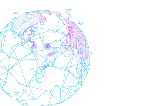 Global network connection concept with 3D digital earth globe, lines and glowing dots on transparent background.