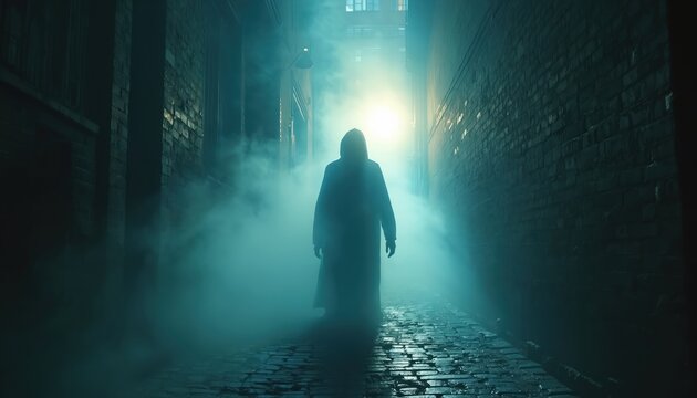 Mysterious cloaked figure emerges from dense fog in dark cobblestone alleyway. Eerie light beams through mist creating a spooky atmosphere. Figure appears spectral, possibly a ghost or spirit.