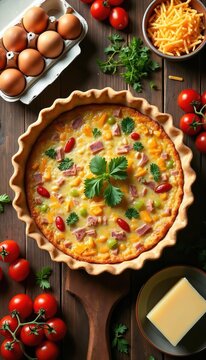 Whole savory quiche with ham cheese and vegetables sits on wooden table. Fresh eggs tomatoes and herbs surround baked pie. Ready to serve meal for brunch or dinner.