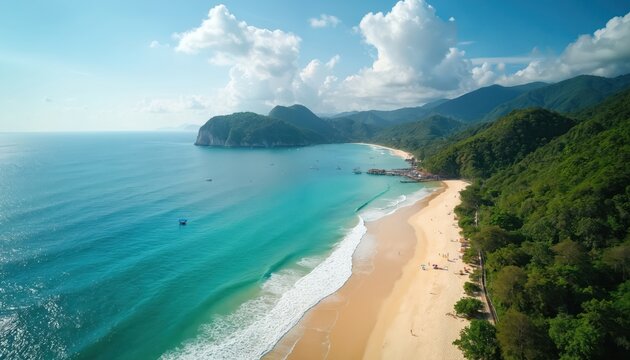 Aerial view of Karon noi Beach in Phuket Thailand. Turquoise ocean meets golden sand beach fringed by green jungle hills. People relax on shore near pier with boats.