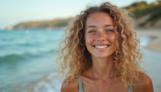Joyful young woman with curly blonde hair and freckles smiles by the ocean. She has blue eyes and a confident, relaxed expression. Clear sky and calm sea backdrop.