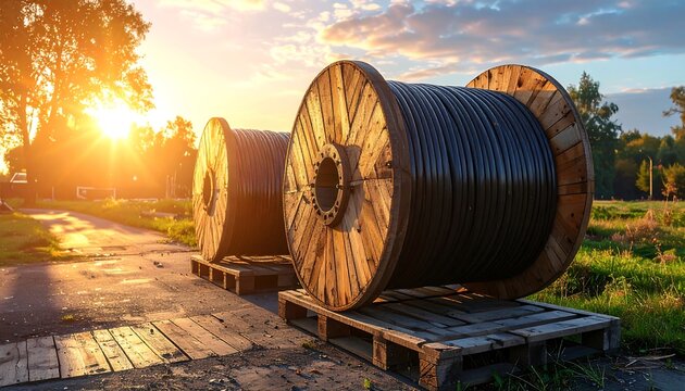 Two large wooden cable spools sit outdoors on pallets. The setting sun casts a golden glow, illuminating the scene