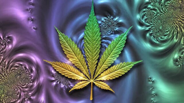 Psychedelic cannabis leaf artwork against abstract swirling background