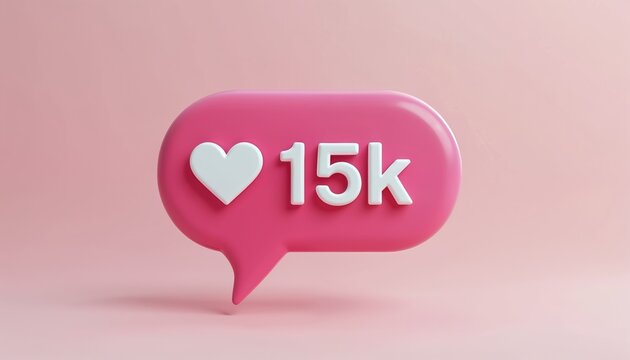 Pink notification bubble displays white heart icon, 15k number. Represents online likes, engagement. Signifies social media approval, reach for content creators. Achieve popular status with symbol.