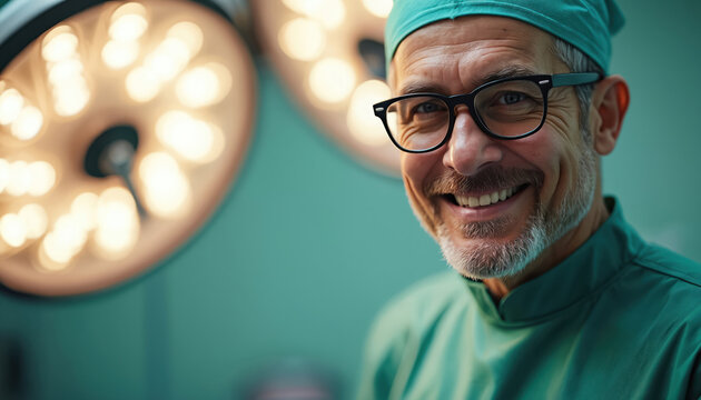 Smiling surgeon in green scrubs and cap wears glasses. Operating room lights shine brightly in background. Professional medical practitioner at work in hospital.