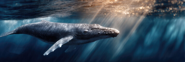 Obraz premium Humpback whale swimming gracefully through sunlit blue ocean water, symbolizing marine conservation, ocean health, and celebrating World Oceans Day. World Oceans Day