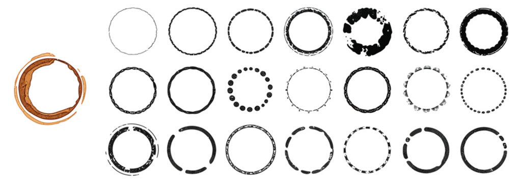 Coffee Stain Circle Set, Grunge Ink Rings from Mug Marks, Round Stamp Texture Collection, Tea and Coffee Cup Prints, Distressed Circular Vector Shapes for Creative Design Isolated Background