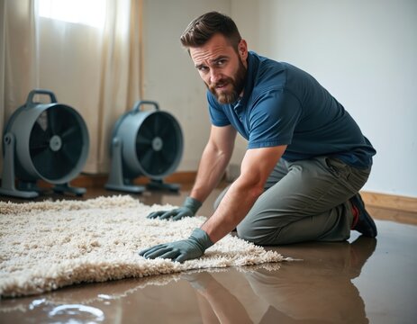Man lifts wet carpet, fans dry flooded room floor. Homeowner wears gloves, repairs water damage after home disaster. Restoration work begins.