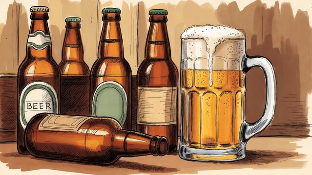 Illustrated beer bottles and a frothy mug on a brown background