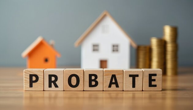 Wooden blocks spell probate with miniature houses and gold coins. Estate planning concept for inheritance, wealth, and property matters. Legal and financial planning for future security.